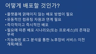 어떻게 배포할 것인가?
•플랫폼에 얽매이지 않는 배포 방법이 필요
•유동적인 컴퓨팅 자원과 연계 필요
•즉각적이고 즉시적인 배포
•필요에 따른 배포 시나리오(또는 프로세스)의 존재감
부곽
•지능화된 로그 분석을 통한 노후장비 서비스 이전
계획/배포
 
