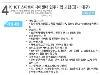 10
533 캠퍼스
#533 비즈니스 모델
#533 사업계획서
#533 창업론
533 캠퍼스 이승원
지원 내용
4K-ICT 스마트미디어센터 입주기업 모집(경기·대구)
스마트미디어 분야 벤처의 창업 및 서비스 개발·사업화
지원을 위한 K-ICT 경기·대구스마트미디어센터
입주기업 모집
시설·공간
• 개발 공간 지원
- 입주업체 개발공간, 공동 개발공간 및 회의실 등Co-working 공간지
원
• 멘토링 지원
- 성공벤처·플랫폼사·투자전문가 간 1:1 멘토링 운영
• 전문 컨설팅 지원
-법률·특허·마케팅 등 전문분야 컨설팅 지원
• 전시마켓 지원
- 국내외 주요 콘텐츠마켓(견본시) 참가 지원
• 스마트미디어 서비스 개발용 장비 지원
- 모바일 미디어(태블릿 PC, 스마트폰), OTT(애플TV, 크롬캐스트 등),
HMD, VR 촬영 장비 등 구축
• 다목적 스튜디오 및 편집실(경기센터)
- 인터넷 동영상 콘텐츠(1인 미디어 등) 제작을 위한 스튜디오 및 편집
장비 지원
• 디지털사이니지 테스트베드(대구센터)
- 디지털사이니지 개발을 위한 사이니지 디스플레이 11종, 클라이언트
SW 및 서비스 제작 장비 구축
지원 내용
 