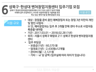 14
533 캠퍼스
#533 비즈니스 모델
#533 사업계획서
#533 창업론
533 캠퍼스 이승원
6성북구·한성대 벤처창업지원센터 입주기업 모집
성북구·한성대 벤처창업지원센터에서 2017년도 상반기 입주기업을
아래와 같이 모집하오니, 우수한 사업아이템 및 기술력을 보유
하고 있는 벤처기업 및 예비창업자 모집
지원 규모
• 대상 : 창업을 준비 중인 예삐창업자 또는 창업 3년 미만의 개인
및 법인 사업자
※ 단, 예비창업자는 입주 후 3개월 안에 센터 주소로 사업자등
록증을 내야함
• 기간 : 2017.03.01 ~ 2018.02.28 (1년)
• 위치 : 서울시 성북구 화랑로 211 성북구 한성대 벤처창업지원
센터
• 입주 부담금
- 보증금(1년) : 60,570 원
- 임대료(1년) : 2,430원x12개월
- 관리비(월) : 2,121원
- 기타 : -㎡ 당 금액 (입주실에 따라 차이가 있습니다)
시설·공간
지원 규모
 