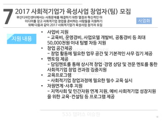 18
533 캠퍼스
#533 비즈니스 모델
#533 사업계획서
#533 창업론
533 캠퍼스 이승원
72017 사회적기업가 육성사업 창업자(팀) 모집
부산디자인센터에서는 사회문제를 해결하기 위한 열정과 혁신적인 아
이디어를 갖고 사회적기업 창업을 준비하는 사람들을 지원하기
위해 다음과 같이 2017 사회적기업가 육성사업 참가자 모집
지원 내용
사업화
• 사업비 지원
- 교육비, 운영경비, 사업모델 개발비, 공통경비 등 최대
50,000천원 이내 팀별 차등 지원
• 창업 공간제공
- 창업 활동에 필요한 업무 공간 및 기본적인 사무 집기 제공
• 멘토링 제공
- 담임멘토를 통해 상시적 창업·경영 상담 및 전문 멘토를 통한
사회적기업 창업 전과정 집중지원
• 교육프로그램
- 사회적기업 창업과정에 필요한 필수 교육 실시
• 자원연계·사후 지원
- 지역사회 및 민간자원 연계 지원, 예비 사회적기업 성장지원
을 위한 교육·컨설팅 등 프로그램 제공
지원 내용
 