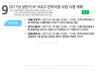 25
533 캠퍼스
#533 비즈니스 모델
#533 사업계획서
#533 창업론
533 캠퍼스 이승원
92017년 상반기 IP-R&D 전략지원 사업 시행 계획
중소기업에 맞춤형·밀착형 특허 전략을 지원하는 2017년
도 IP-R&D 전략지원 사업 중 ‘지재권 연계 연구개발
전략지원 사업’ 상반기 시행 계획을 다음과 같이 공고
설 명 회
R&D
• 서울(구로구) : 2017.01.06 (금) 15:00 ~ 17:00 , 키콕스벤처센터 3
층 대회의실 (서울특별시 구로구 구로디지털3길 3층)
• 경기(시흥시) : 2017.01.10 (화) 15:00 ~ 17:00 , 시흥산업진흥원 2
층 중회의실 (경기도 시흥시 산기대학로 237 시흥비즈니스센터)
• 강원(원주시) : 2017.01.10 (화) 15:00 ~ 17:00 , 한국산업단지공단
강원본부 1층 회의실 (강원도 원주시 흥업면 북원로 1397)
설 명 회
 