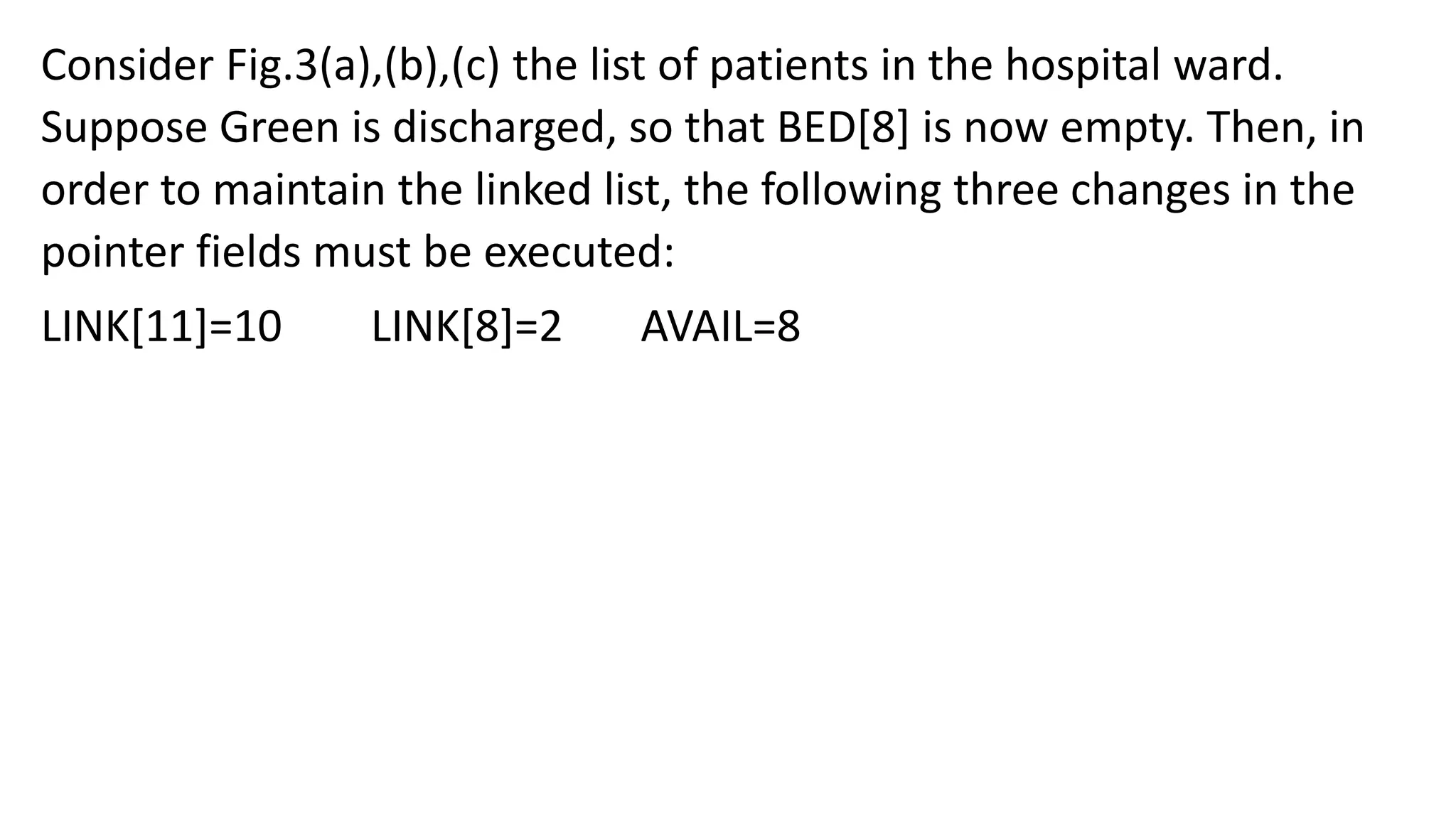 Consider Fig.3(a),(b),(c) the list of patients in the hospital ward.
Suppose Green is discharged, so that BED[8] is now empty. Then, in
order to maintain the linked list, the following three changes in the
pointer fields must be executed:
LINK[11]=10 LINK[8]=2 AVAIL=8
 