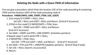 Deleting the Node with a Given ITEM of Information
First we give a procedure which finds the location LOC of the node preceding N containing
ITEM and the location LOCP of the node preceding node N.
Procedure: FINDB (INFO, LINK, START, ITEM, LOC, LOCP)
1. [List empty?] If START = NULL, then:
Set LOC = NULL and LOCP = NULL and Return. [End of If structure]
2. [ITEM in first node?] If INFO[START] = ITEM, then:
Set LOC = START and LOCP = NULL and Return.
[End of IF structure]
3. Set SAVE = START and PTR = LINK [START]. [Initializes pointers]
4.Repeat steps 5 and 6 while PTR != NULL.
5. If INFO[PTR] = ITEM, then:
Set LOC = PTR and LOCP = SAVE, and Return. [End of IF structure]
6. Set SAVE = PTR and PTR = LINK[PTR] [Updates pointers] [End of Step 4 loop]
7. Set LOC = NULL [Search unsuccessful]
8. Return.
 