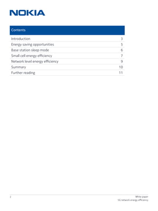 2 White paper
5G network energy efficiency
Contents
Introduction	3
Energy saving opportunities	 5
Base station sleep mode	 6
Small cell energy efficiency	 7
Network level energy efficiency	 9
Summary	10
Further reading	 11
 
