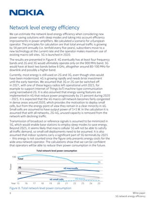 9 White paper
5G network energy efficiency
Network level energy efficiency
We can estimate the network level energy efficiency when considering new
power saving solutions with sleep modes and taking into account efficiency
improvements in power amplifiers. We calculated a scenario for a European
operator. The principles for calculation are that total annual traffic is growing
by 58 percent annually (i.e. tenfold every five years), subscribers move to a
new technology at the current rate and the operator makes maximum use of
existing macro cell sites. 5G is launched in 2020.
The results are presented in Figure 8. 4G eventually has at least four frequency
bands and 2G and 3G would ultimately operate only on the 900 MHz band. 5G
would have at least two bands below 6 GHz, altogether around 80-100 MHz for
downlink and possibly a higher band.
Currently, most energy is still used on 2G and 3G, even though sites would
have been modernized. 4G is growing rapidly and needs brisk investment
until the early twenties. We assumed that 3G or 2G can be switched off
in 2021, with one of these legacy radios left operational until 2025, for
example to support Internet of Things (IoT) machine type communication
using narrowband 2G. It is also assumed that energy saving features are
implemented in 4G that reduce power progressively by 25 percent during 2020
- 2025. It is expected that the 4G macro cell network becomes fairly congested
in dense areas around 2020, which provides the motivation to deploy small
cells, but from the energy point of view they remain in a clear minority in 4G.
Small cells are assumed to have output power of 5+5 W. In the calculation it is
assumed that with all networks, 2G-4G, unused capacity is removed from the
network with declining traffic.
Transmission of broadcast or reference signals is assumed to be minimized in
5G, which would enable base stations to employ sleep modes to save energy.
Beyond 2025, it seems likely that macro cellular 5G will not be able to satisfy
all traffic demand, so small cell deployments need to be assumed. It is also
assumed that indoor systems carry a significant part of 5G terminals by 2025
- this energy is not counted since the figure only presents energy costs for the
wide area network operator. The calculations show that we can be confident
that operators will be able to reduce their power consumption in the future.
Figure 8. Total network level power consumption
100
Year 15 16 17 18 19 20 21 22 23 24 25
70
Total
4G macrocells
4G small cells 5G macro
3G
2G
Power
Total network level power consumption
 