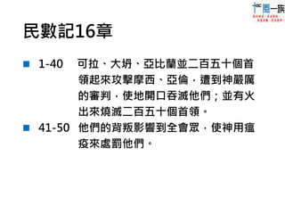 民數記16章
 1-40 可拉、大坍、亞比蘭並二百五十個首
領起來攻擊摩西、亞倫，遭到神嚴厲
的審判，使地開口吞滅他們；並有火
出來燒滅二百五十個首領。
 41-50 他們的背叛影響到全會眾，使神用瘟
疫來處罰他們。
 