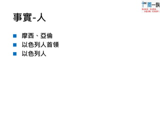 事實-人
 摩西、亞倫
 以色列人首領
 以色列人
 