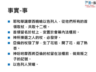 事實-事
 耶和華讓摩西曉喻以色列人，從他們所有的首
領取杖，共取十二根。
 首領留名於杖上，安置於會幕內法櫃前。
 神所揀選之人的杖，必發芽。
 亞倫的杖發了芽，生了花苞，開了花，結了熟
杏。
 神吩咐摩西將亞倫的杖留在法櫃前，做背叛之
子的記號。
 以色列人哭嚎。
 