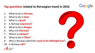 1. What to do in Norway
2. What to do in Oslo
3. What is a fjord?
4. Is Norway expensive?
5. What to do in Bergen
6. Why visit Norway?
7. Where is Lofoten?
8. What to do in Flåm?
9. Why is Norway called the Land of the Midnight Sun?
10. Is Norway safe?
Top questions related to Norwegian travel in 2016
 