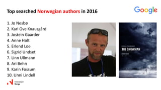1. Jo Nesbø
2. Karl Ove Knausgård
3. Jostein Gaarder
4. Anne Holt
5. Erlend Loe
6. Sigrid Undset
7. Linn Ullmann
8. Ari Behn
9. Karin Fossum
10. Unni Lindell
Top searched Norwegian authors in 2016
 
