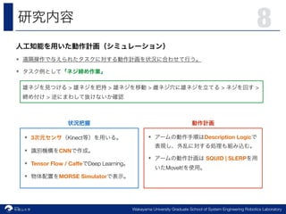 Robotics Laboratory
8
Wakayama University Graduate School of System Engineering Robotics Laboratory
✴
✴  
 
> > > > > 
>  
✴ 3 Kinect
✴ CNN
✴ Tensor Flow / Caﬀe Deep Learning
✴ MORSE Simulator
✴ Description Logic  
✴ SQUID | SLERP  
MoveIt!
 