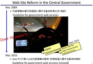Web Site Reform in the Central Government
Nov. 2004
 行政情報の電子的提供に関する基本的考え方（指針）
Guideline for government web services
Mar. ...
