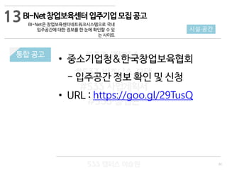 33
533 캠퍼스
#533 비즈니스 모델
#533 사업계획서
#533 창업론
533 캠퍼스 이승원
통합 공고
• 중소기업청&한국창업보육협회
- 입주공간 정보 확인 및 신청
• URL : https://goo.gl/29TusQ
BI-Net창업보육센터입주기업모집공고
BI-Net은 창업보육센터네트워크시스템으로 국내
입주공간에 대한 정보를 한 눈에 확인할 수 있
는 사이트
시설·공간
13
 