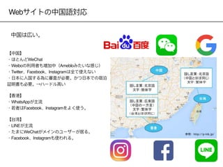 Webサイトの中国語対応
参照：http://p-inb.jp/
中国は広い。
【中国】
・ほとんどWeChat
・Weiboの利利⽤用者も増加中（Amebloみたいな感じ）
・Twitter、Facebook、Instagramは全て使えない
・⽇日本に⼊入国する為に審査が必要。かつ⽇日本での宿泊
証明書も必要。→ハードル⾼高い
 
【⾹香港】
・WhatsAppが主流
・若者はFacebook、Instagramをよく使う。
【台湾】
・LINEが主流
・たまにWeChatがメインのユーザーが居る。
・Facebook、Instagramも使われる。
 