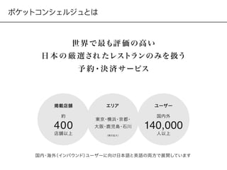 世 界で最も評 価の高い
日 本 の 厳 選され たレストランのみを扱う
予 約・決 済 サービス
国内・海外（インバウンド）ユーザーに向け日本語と英語の両方で展開しています
ポケットコンシェルジュとは
エリア掲載店舗
約
400
店舗以上
ユーザー
国内外
140,000
人以上
東京・横浜・京都・
大阪・鹿児島・石川
（順次拡大）
 