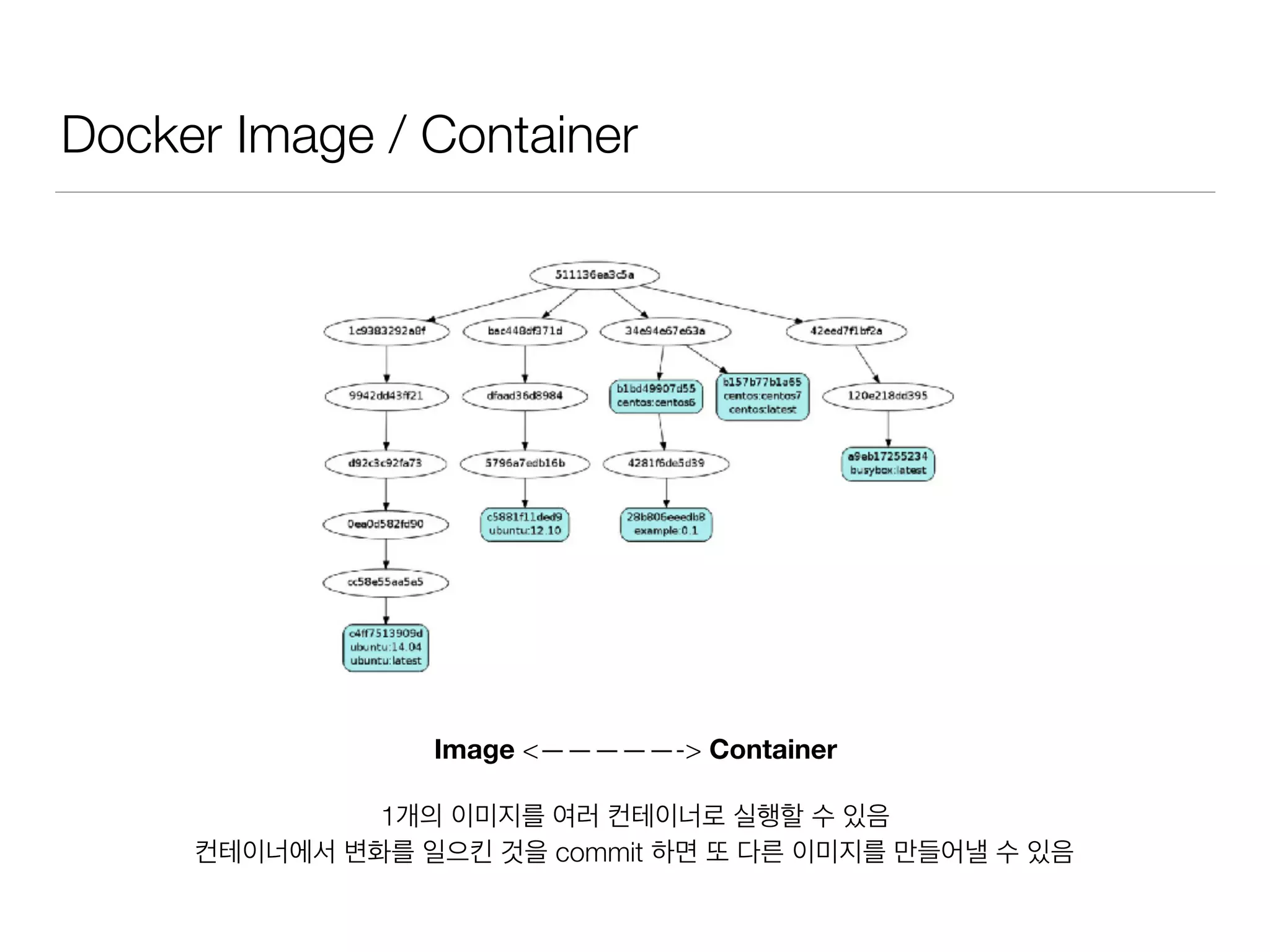 Docker Image / Container
Image <—————-> Container
1개의 이미지를 여러 컨테이너로 실행할 수 있음
컨테이너에서 변화를 일으킨 것을 commit 하면 또 다른 이미지를 만들어낼 수 있음
 