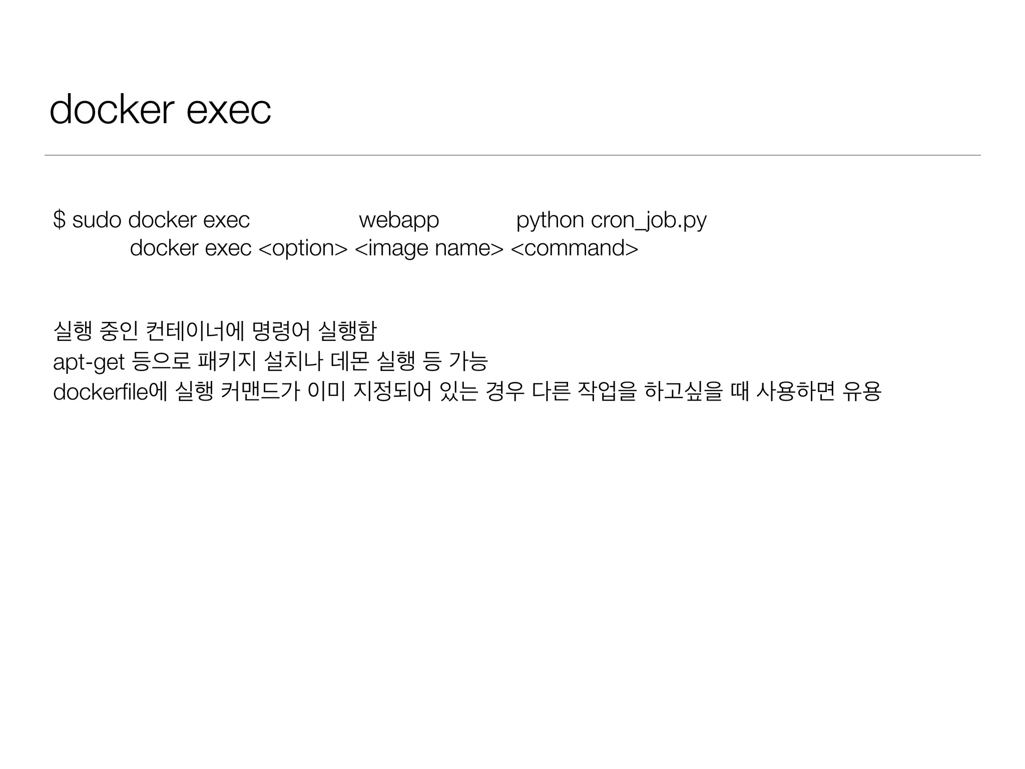 docker exec
$ sudo docker exec webapp python cron_job.py
docker exec <option> <image name> <command>
실행 중인 컨테이너에 명령어 실행함
apt-get 등으로 패키지 설치나 데몬 실행 등 가능
dockerﬁle에 실행 커맨드가 이미 지정되어 있는 경우 다른 작업을 하고싶을 때 사용하면 유용
 