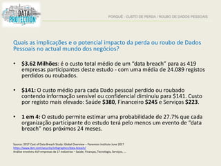 PORQUÊ - CUSTO DE PERDA / ROUBO DE DADOS PESSOAIS
Quais as implicações e o potencial impacto da perda ou roubo de Dados
Pessoais no actual mundo dos negócios?
• $3.62 Milhões: é o custo total médio de um “data breach” para as 419
empresas participantes deste estudo - com uma média de 24.089 registos
perdidos ou roubados.
• $141: O custo médio para cada Dado pessoal perdido ou roubado
contendo informação sensível ou confidencial diminuiu para $141. Custo
por registo mais elevado: Saúde $380, Financeiro $245 e Serviços $223.
• 1 em 4: O estudo permite estimar uma probabilidade de 27.7% que cada
organização participante do estudo terá pelo menos um evento de “data
breach” nos próximos 24 meses.
Source: 2017 Cost of Data Breach Study: Global Overview – Ponemon Institute June 2017
https://www.ibm.com/security/infographics/data-breach/
Análise envolveu 419 empresas de 17 Indústrias – Saúde, Finanças, Tecnologia, Serviços, ...
 