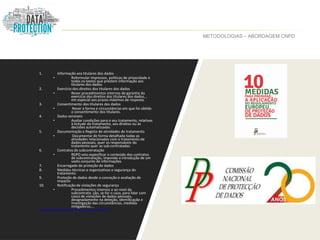 METODOLOGIAS – ABORDAGEM CNPD
1. Informação aos titulares dos dados
• Reformular impressos, políticas de privacidade e
todos os textos que prestem informação aos
titulares dos dados
2. Exercício dos direitos dos titulares dos dados
• Rever procedimentos internos de garantia do
exercício dos direitos dos titulares dos dados, ,
em especial aos prazos máximos de resposta.
3. Consentimento dos titulares dos dados
• Rever a forma e circunstâncias em que foi obtido
o consentimento dos titulares.
4. Dados sensíveis
• Avaliar condições para o seu tratamento, relativas
à licitude do tratamento, aos direitos ou às
decisões automatizadas.
5. Documentação e Registo de atividades de tratamento
• Documentar de forma detalhada todas as
atividades relacionadas com o tratamento de
dados pessoais, quer os responsáveis do
tratamento quer as sub-contratadas.
6. Contratos de subcontratação
• RGPD veio especificar o conteúdo dos contratos
de subcontratação, impondo a introdução de um
vasto conjunto de informações
7. Encarregado de proteção de dados
8. Medidas técnicas e organizativas e segurança do
tratamento
9. Proteção de dados desde a conceção e avaliação de
impacto
10. Notificação de violações de segurança
• Procedimentos internos e ao nível da
subcontrata- ção, se for o caso, para lidar com
casos de violações de dados pessoais,
designadamente na deteção, identificação e
investigação das circunstâncias, medidas
mitigadoras,...
https://www.cnpd.pt/bin/rgpd/10_Medidas_para_preparar_RGPD_CNPD.pdf
 