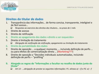 DIREITOS DO TITULAR DOS DADOS
Direitos do titular de dados
1. Transparência das informações… de forma concisa, transparente, inteligível e
de fácil acesso…
 Respostas ao exercício dos direitos dos titulares… no prazo de 1 mês
2. Direito de acesso
3. Direito de retificação
4. Direito ao apagamento dos dados «direito a ser esquecido»
5. Direito à limitação do tratamento
 Obrigação de notificação da retificação, apagamento ou limitação do tratamento
6. Direito da portabilidade dos dados
7. Direito de oposição … a qualquer momento, … incluindo definição de perfis …
ou para efeitos de comercialização direta … (Marketing???)
8. Direito de oposição a “Decisões individuais automatizadas, incluindo
definição de perfis – “profiling”
9. Alargado as regras de “Informações a facultar na recolha de dados junto do
titular”
 Art 13 - …obrigação de prestar as seguintes informações: P1. alíneas a) – f) e P2. a) – f
 