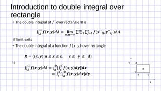 Introduction to double integral over
rectangle
RR
d
c
a b
y
x
 