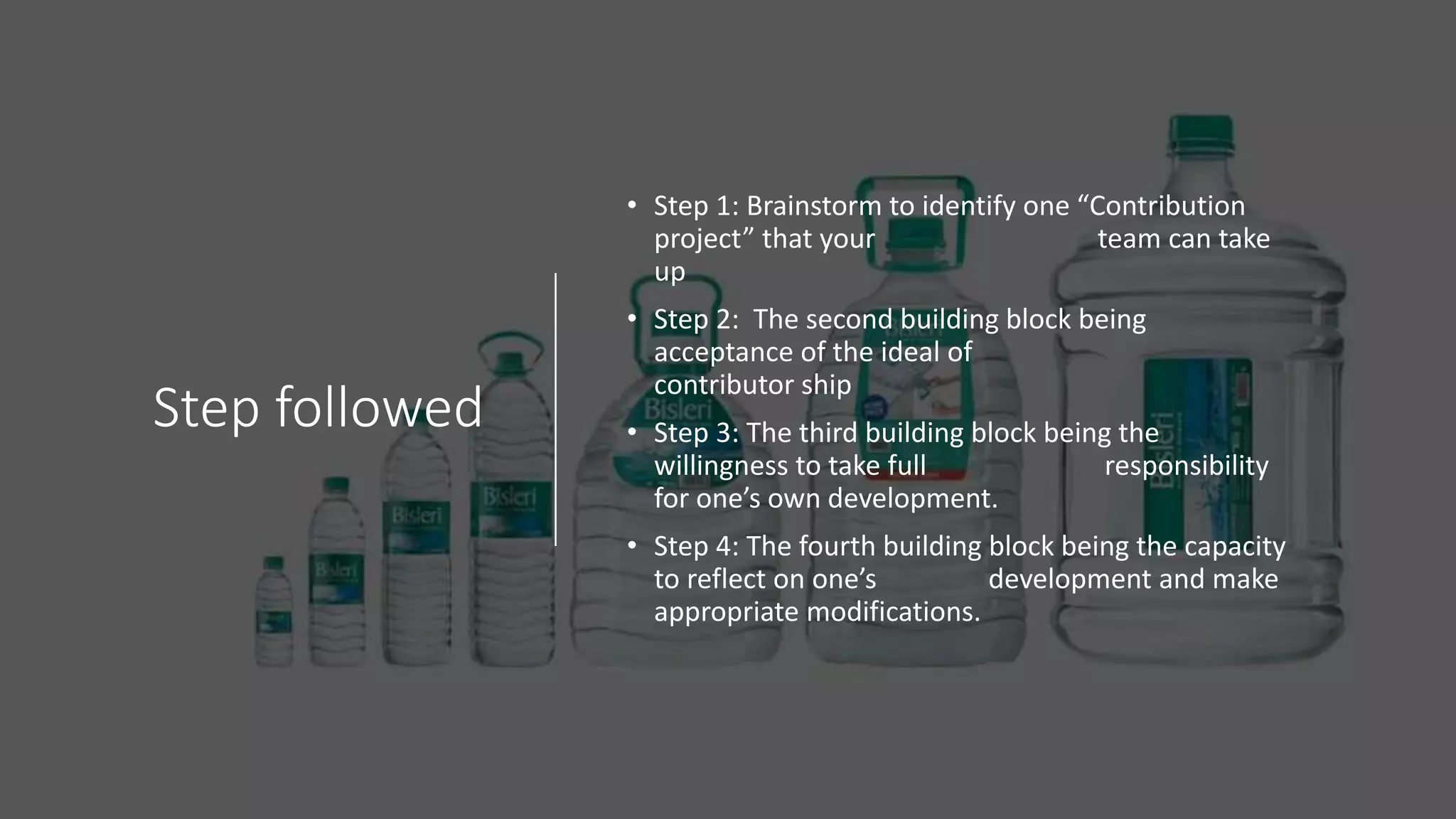 Step followed
• Step 1: Brainstorm to identify one “Contribution
project” that your team can take
up
• Step 2: The second building block being
acceptance of the ideal of
contributor ship
• Step 3: The third building block being the
willingness to take full responsibility
for one’s own development.
• Step 4: The fourth building block being the capacity
to reflect on one’s development and make
appropriate modifications.
 