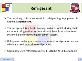 Refrigerant
2/27/2018 6
 The working substance used in refrigerating equipment is
known as Refrigerant.
 The refrigerant is a heat carrying medium which during their
cycle in a refrigeration system absorbs heat from a low temp.
system & delivers it to a higher temp. system.
 Refrigerant under goes various process of refrigeration cycles
which are used to produce refrigeration.
 Commonly used refrigerants are CFC, CHCIF2, NH3, CO2 and air.
 