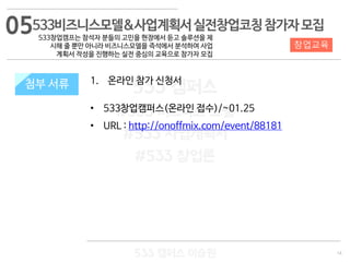 14
533 캠퍼스
#533 비즈니스 모델
#533 사업계획서
#533 창업론
533 캠퍼스 이승원
첨부 서류 1. 온라인 참가 신청서
• 533창업캠퍼스(온라인 접수)/~01.25
• URL : http://onoffmix.com/event/88181
첨부 서류
05
창업교육
533비즈니스모델&사업계획서실전창업코칭참가자모집
533창업캠프는 참석자 분들의 고민을 현장에서 듣고 솔루션을 제
시해 줄 뿐만 아니라 비즈니스모델을 즉석에서 분석하여 사업
계획서 작성을 진행하는 실전 중심의 교육으로 참가자 모집
 