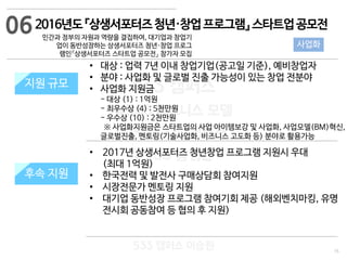 15
533 캠퍼스
#533 비즈니스 모델
#533 사업계획서
#533 창업론
533 캠퍼스 이승원
2016년도『상생서포터즈청년·창업프로그램』스타트업공모전
민간과 정부의 자원과 역량을 결집하여, 대기업과 창업기
업이 동반성장하는 상생서포터즈 청년·창업 프로그
램인『상생서포터즈 스타트업 공모전』 참가자 모집
지원 규모
지원 내용
• 2017년 상생서포터즈 청년창업 프로그램 지원시 우대
(최대 1억원)
• 한국전력 및 발전사 구매상담회 참여지원
• 시장전문가 멘토링 지원
• 대기업 동반성장 프로그램 참여기회 제공 (해외벤치마킹, 유명
전시회 공동참여 등 협의 후 지원)
지원 규모
후속 지원
사업화
• 대상 : 업력 7년 이내 창업기업(공고일 기준), 예비창업자
• 분야 : 사업화 및 글로벌 진출 가능성이 있는 창업 전분야
• 사업화 지원금
- 대상 (1) : 1억원
- 최우수상 (4) : 5천만원
- 우수상 (10) : 2천만원
※ 사업화지원금은 스타트업의 사업 아이템보강 및 사업화, 사업모델(BM)혁신,
글로벌진출, 멘토링(기술사업화, 비즈니스 고도화 등) 분야로 활용가능
06
 