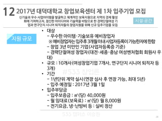 28
533 캠퍼스
#533 비즈니스 모델
#533 사업계획서
#533 창업론
533 캠퍼스 이승원
2017년 대덕대학교 창업보육센터 제 1차 입주기업 모집
신기술과 우수 사업아이템을 발굴하고 체계적인 보육지원으로 지역의 경제 활성
화에 기여하고자, 참신한 아이디어와 기술력을 바탕으로 한 경력단절여성 기
업과 연구단지 시니어 퇴직자들의 창업지원을 위해 신규 입주기업을 모집
지원 규모지원 규모
시설·공간
• 대상
- 우수한 아이템·기술보유 예비창업자
※예비창업자는입주후3개월이내사업자등록이가능한자에한함
- 창업 3년 미만인 기업(사업자등록증 기준)
- 경력단절여성 창업자(대전·세종·충남 여성벤처협회 회원사 우
대)
• 규모 : 10개사(여성창업기업 7개사, 연구단지 시니어 퇴직자 등
3개)
• 기간
- 1년단위 계약 실시(연장 심사 후 연장 가능, 최대 5년)
- 입주 예정일 : 2017년 3월 1일
• 입주부담금
- 입주보증금 : ㎡(당) 40,000원
- 월 임대료(보육료) : ㎡(당) 월 8,000원
- 전기요금, 냉·난방비 등 : 실비 정산
12
 