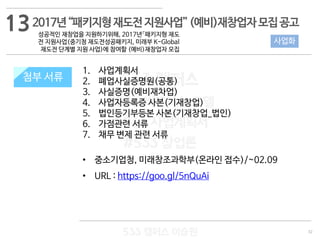 32
533 캠퍼스
#533 비즈니스 모델
#533 사업계획서
#533 창업론
533 캠퍼스 이승원
첨부 서류
1. 사업계획서
2. 폐업사실증명원(공통)
3. 사실증명(예비재차업)
4. 사업자등록증 사본(기재창업)
5. 법인등기부등본 사본(기재창업_법인)
6. 가점관련 서류
7. 채무 변제 관련 서류
• 중소기업청, 미래창조과학부(온라인 접수)/~02.09
• URL : https://goo.gl/5nQuAi
첨부 서류
132017년“패키지형재도전지원사업”(예비)재창업자모집공고
성공적인 재창업을 지원하기위해, 2017년「패키지형 재도
전 지원사업(중기청 재도전성공패키지, 미래부 K-Global
재도전 단계별 지원 사업)에 참여할 (예비)재창업자 모집
사업화
 