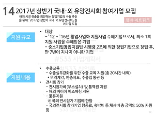 33
533 캠퍼스
#533 비즈니스 모델
#533 사업계획서
#533 창업론
533 캠퍼스 이승원
2017년 상반기 국내·외 유망전시회 참여기업 모집
해외 시장 진출을 희망하는 창업기업의 수출 촉진
을 위해 「2017년 상반기 국내·외 유망전시회」 참
여기업 모집
지원 규모
지원 내용
• 수출교육
- 수출실무강화를 위한 수출 교육 지원(총 20시간 내외)
* 무역계약, 인증제도, 수출입 통관 등
• 전시회 참가
- 전시참가비(부스설치) 및 통역원 지원
- 해외 바이어 비즈매칭 지원
- 물류지원
※ 국외 전시참가 기업에 한함
- 국외전시회 참가기업 항공료, 숙박비 등 체재비 총 금액의 50% 지원
등
지원 규모
지원 내용
• 대상
- ’12 ~ ’16년 창업사업화 지원사업 수혜기업으로서, 최소 1회
지원 사업을 수혜받은 기업
- 중소기업창업지원법 시행령 2조에 의한 창업기업으로 창업 후,
만 7년이 지나지 아니한 기업
14
행사·네트워크
 