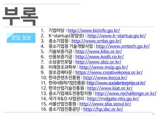 40
533 캠퍼스
#533 비즈니스 모델
#533 사업계획서
#533 창업론
533 캠퍼스 이승원
부록
창업정보
1. 기업마당 : http://www.bizinfo.go.kr/
2. K-startup(창업넷) : http://www.k-startup.go.kr/
3. 중소기업청 : http://www.smba.go.kr/
4. 중소기업청 기술개발사업 : http://www.smtech.go.kr/
5. 기술보증기금 : http://www.kibo.or.kr/
6. 신용보증기금 : http://www.kodit.co.kr/
7. 소상공인포털 : http://www.sbiz.or.kr/
8. 미래창조과학부 : http://www.msip.go.kr/
9. 창조경제타운 : https://www.creativekorea.or.kr/
10. 한국콘텐츠진흥원 : http://www.kocca.kr/
11. 한국사회적기업진흥원:http://www.socialenterprise.or.kr/
12. 한국산업기술진흥원 : http://www.kiat.or.kr/
13. 중소기업재도전종합지원 : http://www.rechallenge.or.kr/
14. 국가 R&D 사업관리 : http://rndgate.ntis.go.kr/
15. 서울산업진흥원 : http://www.sba.seoul.kr/
16. 중소기업진흥공단 : http://hp.sbc.or.kr/
창업 정보
 