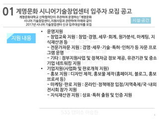 4
533 캠퍼스
#533 비즈니스 모델
#533 사업계획서
#533 창업론
533 캠퍼스 이승원
지원 내용
• 운영지원
- 창업교육 지원 : 창업·경영, 세무·회계, 원가분석, 마케팅, 지
식재산권 등
- 전문가자문 지원 : 경영·세무·기술·특허·인허가 등 자문 프로
그램 운영
- 기타 : 정부지원사업 및 정책자금 정보 제공, 유관기관 및 중소
기업 네트워킹 지원
• 기업지원(사업화 및 판로개척 지원)
- 홍보 지원 : 디자인 제작, 홍보물 제작(홈페이지, 블로그, 홍보
브로셔 등)
- 마케팅·판로 지원 : 온라인·정책매장 입점/지역축제/국·내외
전시회 참가 지원
- 지식재산권 지원 : 상표·특허 출원 및 인증 지원
시설·공간
지원 내용
계명문화 시니어기술창업센터 입주자 모집 공고
계명문화대학교 산학협력단이 주관하여 운영하는『계명문화
시니어 기술창업센터』지원사업과 관련하여 아래와 같이
2017년 시니어 기술창업센터 신규 입주대상자를 모집
01
 