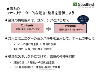 http://www.goodfind.jp/
 会議の構成要素は、コンテンツとプロセス
 対人コミュニケーションスキルを活用して、チームの中心に
- メンバーの話に耳を傾け、的確に反応
- あいづち、反復、言い換え、相対化
 構造化スキルを身につけて、議論の停滞を打開
- 議論の流れ：「発散」→「収束」を意識
- 出た意見を相対化・構造化・図示して共有
知識・情報・経験・アイデア
Contents
議論の進め方・場の作り方
Process
舵取りに
集中！
★まとめ
ファシリテーター的な動き・発言を意識しよう
 
