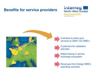 Benefits for service providers
A window to show your
services to 2000+ EU SME’s
Matchmaking in service
exchange ecosystem
Customers for validation-
activities
2
3
4 Revenues from foreign SME’s
spending vouchers
 