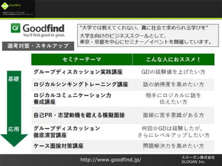 未来のビジネスリーダーとなる
大学生/大学院生のためのプラットフォーム
Goodfind
http://www.goodfind.jp/
スローガン株式会社
SLOGAN Inc.
 