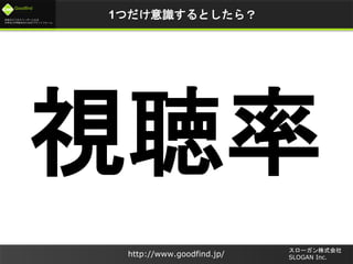 未来のビジネスリーダーとなる
大学生/大学院生のためのプラットフォーム
Goodfind
http://www.goodfind.jp/
スローガン株式会社
SLOGAN Inc.
視聴率
1つだけ意識するとしたら？
 