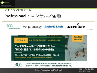 未来のビジネスリーダーとなる
大学生/大学院生のためのプラットフォーム
Goodfind
http://www.goodfind.jp/
スローガン株式会社
SLOGAN Inc.
タイアップ企業ゾーン
Professional：コンサル／金融
and more
 