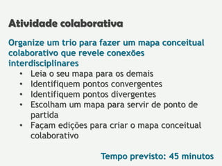 Organize um trio para fazer um mapa conceitual
colaborativo que revele conexões
interdisciplinares
• Leia o seu mapa para os demais
• Identifiquem pontos convergentes
• Identifiquem pontos divergentes
• Escolham um mapa para servir de ponto de
partida
• Façam edições para criar o mapa conceitual
colaborativo
Tempo previsto: 45 minutos
Atividade colaborativa
 