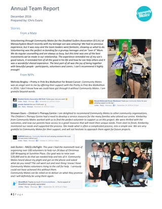 Annual Team Report
December 2016
Prepared by: Chris Evans
4 | P a g e
Stories
From a Mate
Volunteering through Community Mates for the Disabled Surfers Association (D.S.A.) at
Maroochydore Beach recently with my teenage son was amazing! We had no previous
experience, but it was easy and the team leaders were fantastic, showing us what to do.
Volunteering was the perfect re-bonding for a grumpy teenager and an "over it" Mum.
We do regular counselling and are always so busy, but this time was one of the best
investments we've made in our relationship. The experience reminded me of my son's
good nature, it reminded him of all the good in his life and how he can help others and it
was a wonderful shared experience. The best part of all was the joy of being together
with beautiful people - participants, volunteers and carers. I can't recommend it highly
enough!
From NFPs
Melinda Bingley – Pretty in Pink Bra Walkathon for Breast Cancer: Community Mates
was an angel sent to me by offering their support with the Pretty in Pink Bra Walkathon
in 2016. I don’t know how we could have got through it without Community Mates. I am
grateful beyond words.
Shivawn Davis – Children’s Therapy Centre: I am delighted to recommend Community Mates to other community organisations.
The Children’s Therapy Centre had a need to develop a service resource for the many families who attend our centre. Kimberley
from Community Mates worked with us to find the perfect volunteer to support us on this project. We were thrilled with the
outcomes, and now our parents have access to a great resource that will meet their unique needs. From start to finish, Kimberley
monitored our needs and supported the process. She made what is often a complicated process, into a simple one. We are very
grateful to Community Mates for their support, and will not hesitate to approach them again for future projects.
Jodi Durkin – RACQ LifeFlight: This year I had the mammoth task of
organising over 100 volunteers to help run 24 days of Christmas
Gift Wrapping at Sunshine Plaza. Our goal was to raise over
$20,000 and to do that we needed help and lots of it. Community
Mates heard about my plight and got on the phone and asked
what do you need? The call went out and next thing I know I have
Community Mates volunteers rising to the call for help. I seriously
could not have achieved this without them.
Community Mates can be relied on to deliver on what they promise
and I will definitely be using them again.
 