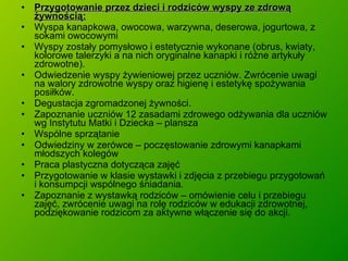 Przygotowanie przez dzieci i rodziców wyspy ze zdrową żywnością: Wyspa kanapkowa, owocowa, warzywna, deserowa, jogurtowa, z sokami owocowymi Wyspy zostały pomysłowo i estetycznie wykonane (obrus, kwiaty, kolorowe talerzyki a na nich oryginalne kanapki i różne artykuły zdrowotne).  Odwiedzenie wyspy żywieniowej przez uczniów. Zwrócenie uwagi na walory zdrowotne wyspy oraz higienę i estetykę spożywania posiłków.  Degustacja zgromadzonej żywności. Zapoznanie uczniów 12 zasadami zdrowego odżywania dla uczniów wg Instytutu Matki i Dziecka – plansza Wspólne sprzątanie  Odwiedziny w zerówce – poczęstowanie zdrowymi kanapkami młodszych kolegów Praca plastyczna dotycząca zajęć Przygotowanie w klasie wystawki i zdjęcia z przebiegu przygotowań i konsumpcji wspólnego śniadania. Zapoznanie z wystawką rodziców – omówienie celu i przebiegu zajęć, zwrócenie uwagi na rolę rodziców w edukacji zdrowotnej, podziękowanie rodzicom za aktywne włączenie się do akcji. 