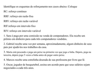 Identifique os esquemas de reforçamento nos casos abaixo. Coloque
RC: reforço contínuo
RRF: reforço em razão fixa
RRV: reforço em razão variável
RIF:reforço em intervalo fixo
RIV: reforço em intervalo variável
1. Sara é paga por uma comissão na venda de computadores. Ela recebe um
prêmio em dinheiro para cada três computadores vendidos.
2. Gabriel recebe uma vez por semana, aproximadamente, algum dinheiro de seus
pais por ajudá-los nos trabalhos da casa.
3. Marta está pescando e pega um peixe na primeira vez que joga a linha. Depois, pega na
terceira, depois joga 5 vezes a linha antes de pegar outro peixe.
4. Marcos recebe uma estrelinha dourada de sua professora por livro que lê.
5. Oscar, jogador de basquetebol, assina um acordo para que seus salários sejam
negociados a cada três anos.
 