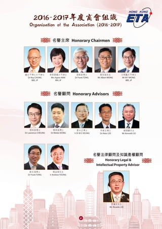 21
名譽主席 Honorary Chairmen
名譽顧問 Honorary Advisors
2016-2017年度商會組織
Organization of the Association (2016-2017)
李廣文先生
Mr. Ricardo LEE
名譽法律顧問及知識產權顧問
Honorary Legal &
Intellectual Property Advisor
黃克強先生
Mr Albert WONG
湯復基博士
Dr Frank TONG
鍾志平博士太平紳士
Dr Roy CHUNG
BBS, JP
麥鄧碧儀太平紳士
Mrs Agnes MAK
MH, JP
王明鑫太平紳士
Mr M Y WONG
BBS, JP
張梓昌博士
Dr Lawrence CHEUNG
楊美基博士
Dr Meikei IEONG
姜永正博士
Ir Dr W C KEUNG
李偉文博士
Dr Peter LEE
蘇國麟先生
Mr Kenneth SO
唐志鴻博士
Dr Frank TONG
楊孟璋先生
Ir Andrew YOUNG
 