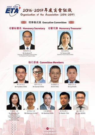 24
理事會成員 Executive Committee
名譽秘書長 Honorary Secretary 名譽司庫 Honorary Treasurer
執行委員 Committee Members
葉昊軒先生
Mr Andrew IP
Chairman, Administrative Subcommittee
Co-Chairman, ICT Subcommittee
羅瑞真博士
Dr Teresa LAW
Chairman, Finance Subcommittee
簡斯任先生
Mr Cyril KAN
李鳳美小姐
Ms Miranda LEE
Deputy Chairman,
Advanced Manufacturing
& Material Technology
Subcommittee
(material technology)
陳志卓先生
Mr Franklin CHAN
梁思敏小姐
Ms Monica LEUNG
蔡景春博士
Dr Martin TSAI
黃志賢先生
Mr Joe WONG
侯經權先生
Mr K K HAU
秦仲宇先生
Mr Daniel CHUN
文振聲先生
Mr Matthew MAN
2016-2017年度商會組織
Organization of the Association (2016-2017)
 