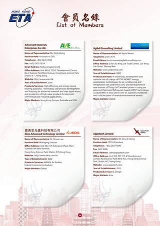 會員名錄
List of Members
2626
雅高思先進科技有限公司	
AkosAdvancedTechnologyLimited	
Name of Representative: Dr. Teresa Law
Position Held: Managing Director
Office Address: Unit 542, 5/F, Enterprise Place, No.5
Science Park West Avenue,
Hong Kong Science Park, Shatin, N.T.,Hong Kong
Website: http://www.akos.com.hk
Year of Establishment: 2002
Products/Services: NÅNOX Air Purifier,
Indoor Environment Analyzer
Major Markets: Global
Agile8ConsultingLimited	
Name of Representative: Mr Kevin Moore
Telephone: 2185 7679
Email Adress: kevin.moore@agile8consulting.com
Office Address: Suite 7B, Wing Lok Trade Centre, 235 Wing
Lok Street, Sheung Wan
Website: www.coolnomix.com
Year of Establishment: 2005
Products/Services: IP ownership, development and
manufacture of a range of COOLNOMIX® energy
optimization technologies for air-conditioning and
refrigeration (see coolnomix.com) and development of
new Internet of Things (IoT) enabled products using our
patented Optimized Refrigerant Supply (ORS®) technology.
COOLNOMIX® is now sold in over 35 countries worldwide
and is the recipient of several environmental awards.
Major markets: Global
AppotechLimited 	
Name of Representative: Mr. Chuck Cheng
Position Held: CEO & President
Telephone:  +852-2607 4090 
Fax: 2607 4096
Email Address:  sales@appotech.com
Office Address: Unit 705-707, 7/F, IC Development
Centre, No.6 Science Park West Ave., Hong Kong Science
Park, Shatin, N.T., Hong Kong
Website: www.appotech.com
Year of Establishment: 2003
Products/Services: IC Design
Major Markets: Asia
AdvancedMaterials	
EnterprisesCo.Ltd.
Name of Representative: Ms. Hedy Wong
Position Held: Assistant to CEO
Telephone: +852-2635 7838
Fax: +852-2635 7839
Email Address: hedy.wong@ames.hk
Office Address: Unit 802A, 2/F, IC Development Centre,
No. 6 Science Park West Avenue, Hong Kong Science Park,
Shatin, N.T., Hong Kong.
Website: http://www.ames.hk
Year of Establishment: 2006
Products/Services: High efficiency and energy saving
heating apparatus. Technology and process development
and licensing for advanced materials and their applications,
and production of high-value products for domestic,
commercial and industrial applications.
Major Markets: Hong Kong, Europe, Australia and USA
 