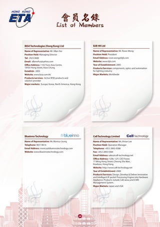 會員名錄
List of Members
2828
BISATechnologies(HongKong)Ltd	
Name of Representative: Mr. Allan Hui
Position Held: Managing Director
Tel: 2423 0600
Email: allanwhui@yahoo.com
Office Address: 1102 Trans Asia Centre,
18 Kin Hong Street, Kwai Chung
Establish: 2003
Website: www.bisa.com.hk
Products/services: Active RFID products and
solution provider
Major markets: Europe, Korea, North America, Hong Kong
BlueinnoTechnology	
Name of Representative: Ms Monica Leung
Telephone: 9651 8614
Email Address: monica@blueinnotechnology.com
Website: www.blueinnotechnology.com
BJBHKLtd
Name of Representative: Mr. Rover Wong
Position Held: President
Email Address: rover.wong@bjb.com
Website: www.bjb.com
Year of Establishment: 2005
Products/Services: components, optics and automation
for lighting industry
Major Markets: Worldwide
CellTechnologyLimited	
Name of Representative: Ms. Vivian Lee
Position Held: Operation Manager
Telephone: +852-2893-9388
Fax: +852-2893 9384
Email Address: sales@cell-technology.net
Office Address: 1208, 12/F, CEO Tower,
77 Wing Hong Street, Cheung Sha Wan,
Kowloon, Hong Kong
Website: http://www.cell-technology.net
Year of Establishment: 2000
Products/Services: Design, Develop & Deliver Innovative
and Intelligent IP packet Processing Engine into Hardware
Appliance. Products include Cell Janus and iCMS
Management System.
Major Markets: Japan and USA
 