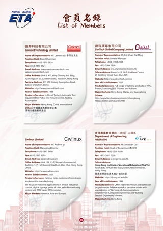 會員名錄
List of Members
3030
振華科技有限公司	
ConcordTechnologyLimited
Name of Representative: Mr. Lawrence Li 李日生先生
Position Held: Board Chairman
Telephone: +852-2310 2828
Fax: +852-2310 2424
Email Address: lawrence@concord-tech.com;
sales@concord-tech.com
Office Address: Unit B, 4/F., Wing Cheong Ind. Bldg.,
121 King Lam St., Castle Peak Rd., Kowloon, Hong Kong
Factory Address: 3/F. 371 Xixiang Guangshen Road,
Bao’an, Shenzhen, China
Website: http://www.concord-tech.com
Year of Establishment: 1988
Products/Services: In Circuit Tester / Automatic Test
Equipment for PCBA, Test Fixture service, Factory
Automation
Major Markets: Hong Kong, China, International
Others: 中國國家高新技術企業,
深圳市優秀軟件產品
CwlinuxLimited	
Name of Representative: Mr. Andrew Ip
Position Held: Managing Director
Telephone: +852-2863 9490
Fax: +852-2863 9599
Email Address: aip@cwlinux.com
Office Address: Unit 138, 13/F, Weswick Commercial
Building, 147-151 Queen’s Road East, Wan Chai, Hong Kong,
China
Website: http://www.cwlinux.com
Year of Establishment: 2001
Products/Services: Cwlinux helps customers from design,
implement to manufacturing.
We focus on industrial applications in area of industrial
control, digital signage, point of sales, vehicle monitoring
system and ARM based CPU modules.
Major Markets: America, Asia and Europe
建科環球有限公司	
ConTechGlobalCompanyLimited	
Name of Representative: Mr. Eric Chan Wai Ming
Position Held: General Manager
Telephone: +852- 3904 2928
Fax: +852-3904 2908
Email Address: eric.chan@contech.com.hk
Office Address: Room 1619, 16/F., Parklane Centre,
25 Kin Wing Street, Tuen Mun, N.T.
Website: http://www.ConTech.com.hk
Year of Establishment: 2011
Products/Services: Full range of lighting products of NVC,
Traxon, Samsung LED, Tridonic and Fulham
Major Markets: Hong Kong, Macau and Guangdong
Others:
http://www.facebook.com/contech.hongkong
https://twitter.com/ContechHK
香港專業教育學院（沙田）工程系
DepartmentofEngineering,
IVE(ShaTin)	
Name of Representative: Mr. Jonathan Lee
Position Held: Head of Department系主任
Telephone: +852-2256 7500
Fax: +852-2601 2200
Email Address: st-eng@vtc.edu.hk
Office Address:
Hong Kong Institute of Vocational Education (Sha Tin)
Room 506, 21 Yuen Wo Road, Shatin, New Territories,
Hong Kong
香港新界沙田源禾路21號506室
Website: http://st-eng.vtc.edu.hk
Year of Establishment: 1986
Products/Services: Offers higher technician and technician
programmes in full-time as well as part-time modes with
specialization in“Electronics & Communications
Engineering”,“Computer Engineering”and“Building
Services Engineering”streams.
Major Markets: Hong Kong
 