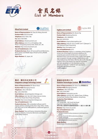 會員名錄
List of Members
3434
	
iMusicTechLimited
Name of Representative: Mr. Chau Kin Wang, Kenneth
Position Held: CEO & Founder
Telephone: (852) 3583 2186
Fax: (852) 3583 0905
Email Address: info@imusictech.com
Office Address: Unit 315-6, 3/F, Building 12W,
Phase 3, Hong Kong Science Park, Shatin, N.T., HK
Website: http://www.imusictech.com
Year of Establishment: 2008
Products/Services: iMusic 3D Surround Sound Electronics,
Music Games and Mobile Apps, Virtual Currency Mobile
App(VCoin)
Major Markets: US, Japan, UK
集成 - 聯科科技有限公司
Integration-LinkageTechnologyLimited	
Name of Representative: Mr. Myron Kwan
Position Held: Managing Director
Telephone: +852-2790 3616
Fax: +852-2950 9503
Email Address: sales@integration-linkage.com
Office Address: Unit 1&3, 20/F, Aitken Vanson Centre,
61 Hoi Yuen Road, Kwun Tong, Hong Kong
Website: http://www.integration-linkage.com
Year of Establishment: 1994
Products/Services: Offer embedded software and I.C.
chipset solution including 8-bits Voice chips/ MCU, 16 bits
DSP/ MCU and 32 bits ARM platforms, authorised agent of
Generalplus
Major Markets: Toys and Games, Interactive Education
Products, Robotics, Consumer Electronics and Digital
Audio/Video Products.
IngDan.comLimited	
Name of Representative: Ms. Novam Ng
Position Held: Marketing Director
Telephone: +852-28660020
Fax:+852-28335554
Email Address: enquiry.hk@cogobuy.com
Office Address: Units 811-813, Level8, Core F, Cyberport 3,
100 Cyberport Road, Hong Kong
Website: http://hk.ingdan.com/
Year of Establishment: 2015
Products/Services: IngDan is a subsidiary of the Cogobuy
Group, one of the largest eCommerce platforms for
corporate procurement of electronic components in
Mainland China. It has formed a large supply chain-based
open ecosystem through strategic collaborations with
influential partners like Baidu, WeChat, Microsoft, Intel, etc.
IngDan is one of the largest one-stop IoT innovation
and start-up platforms in the Mainland, and has
already assisted over 16,000 IoT start-up projects
and built a vast network of over
14,000 suppliers.
富創技術有限公司
iSolutionTechnologiesLimited	
Name of Representative: Mr. Victor Choi 蔡劍誠先生
Position Held: Managing Director
Telephone: +852-3520 3933
Fax: +852-3520 3903
Email Address: inquiry@ist.com.hk
Office Address: Unit 08, 30/F., Skyline Tower, 39 Wang
Kwong Road, Kowloon Bay, Kowloon, Hong Kong
Production Plant Address:
R&D Center at
12F, Fangda Bld., 12th South Keji Road,
High-Tech Industrial Park, Shenzhen
深圳市南山區高新科技園南區高新南十二道方大大廈12樓
Website: http://www.ist.com.hk
Year of Establishment: 2005
Products/Services:
1)	 Specialize in hardware & software development to both Audio &Video
products;
2)	 One-stop all service for ODM manufacturing according to
customer specification;
3)	 Provide both standard and custom embedded software
MCU development on consumer electronics
Major Markets:
Europe, Japan, China domestic & ASEAN.
 