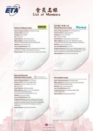 會員名錄
List of Members
3838
MobiconHoldingsLimited	
Name of Representative: Dr. Measure Hung
Position Held: Chairman
Telephone: 2397 6628
Fax: 2397 8187
Email Address: info@mobicon.com
Office Address: 7/F, New Trend Centre,
704 Prince Edward Road East, San Po Kong, Kln.
Website: www.mobicon.com
Year of Establishment: 1983
Products/Services: electronic components, automation,
equipment, computer and mobile accessories
Major Markets: HK, China, East Asia, Europe, South Africa
NanoandAdvanced
MaterialsInstituteLimited	
Name of Representative: Dr. Peter Lee
Position Held: Chief Technology Officer
Telephone: +852 35113409 / 35113411
Fax: 35431005
Email Address: info@nami.org.hk
Office Address: Units 515-517, 5/F Lakeside 1,
No. 8 Science Park West Avenue,
Hong Kong Science Park, Shatin, N.T., H.K.
Website: www.nami.org.hk
Year of Establishment: 2006
Products/Services: Nanotechnology and advanced
materials in: Sustainable Energy; Solid State Lighting,
Display & Printed Electronics; Construction & Building
Materials; Environmental Technologies; and Bio &
Healthcare.
Major Markets: Hong Kong and China
美好電子有限公司	
MusicalElectronicsLimited	
Name of Representative: Mr. Christopher Tse
Position Held: Managing Director
Telephone: +852- 2341 9281
Fax: +852 2341 9964
Email Address: marketing@musical.com.hk
Office Address: Flat H,J,K, 12/F., World Tech Centre,
95 How Ming Street, Kwun Tong, Kowloon, Hong Kong
Website: www.musical.com.hk
Year of Establishment: Oct 1976
Products/Services: Musical is principally engaged in the
design, development, manufacture and sale of consumer
electronic products on both ODM and OEM basis
Major Markets: North America and Europe
NironMobileLimited	
Name of Representative: Mr. Herbert Wan
Office Address: Rm 226-227, 2/F, Sino Industrial Plaza,
9 Kai Cheung Road, Kowloon Bay
Website: http:// www.nirons.com
Year of Establishment: 2003
Products/Services: E-commerce, Web Portal,
mobile application
Major Markets: Hong Kong and China
 